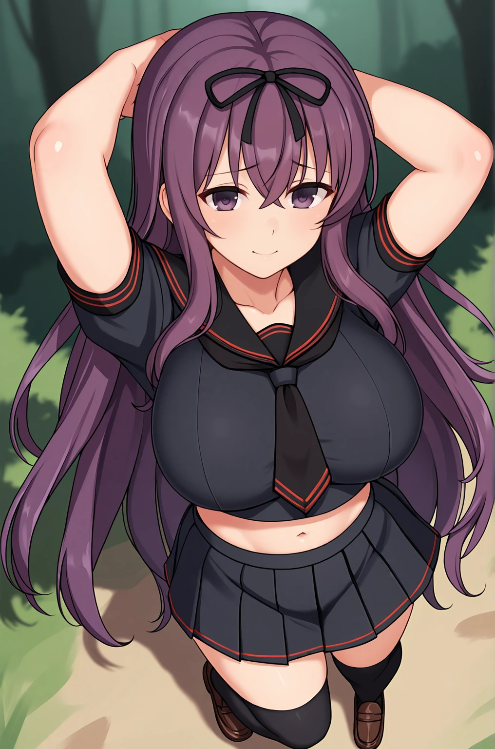 anime artwork, score_9, score_8_up, score_7_up, score_6_up, score_5_up, score_4_up, source_anime, BREAK, thick outline, fat outline,
Murasaki_XL, purple eyes, purple hair, very long hair, hair ribbon, large breasts, BREAK, hebijo_outfit, school uniform, black sailor collar, black serafuku, black shirt, black skirt, pleated skirt, crop top, short sleeves, black legwear, brown loafers, BREAK, from above, hands behind head, forest,
<lora:Murasaki_XL:0.7>
<lora:PersonalAmi_PonyXL:1.0>