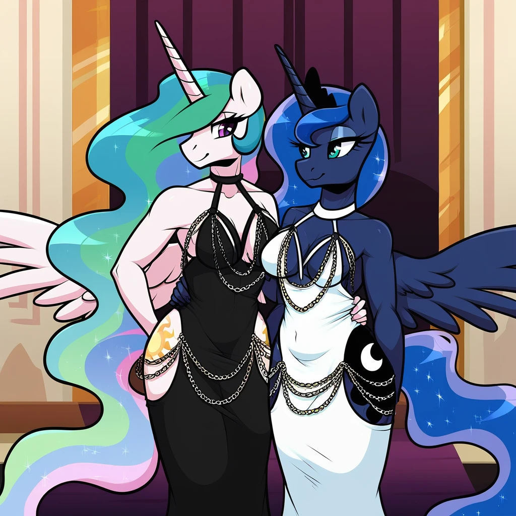 score_9, score_8_up, score_7_up, score_6_up, score_5_up, score_4_up, holding hands, dancing, looking at each other, duo, eye contact, bedroom eyes, alicorn, ethereal hair, canterlot castle, busty anthro alicorns, cutie marks visible, smiling at each other, lesbian, shipping, ballroom, detailed, beautiful <lora:AlbedoDress:1>  ADDBASE 
Princess Celestia, anthro alicorn, black albedo dress with silver chains ADDCOL 
Princess Luna, anthro alicorn, white albedo dress with gold chains