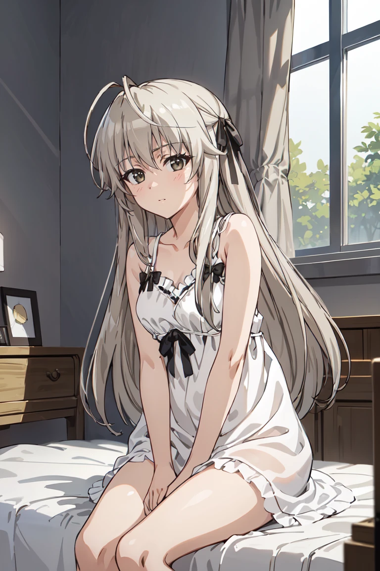masterpiece, best quality, ultra-detailed, glistening shiny, glowing light, ray tracing, HDR, deph of field, (perfect face, detailed face), <lora:KasuganoSora:0.7>, kasuganosora, long hair, black hair ribbon, white nightgown, black bows, bare legs, indoors