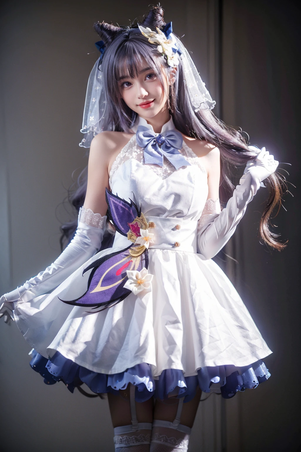 best quality, masterpiece, realistic, photorealistic, 1girl, solo, looking at viewer, smile, standing, cowboy shot, keqing cosplay costume, keqing, cosplay, alternate costume, purple hair, twintails, long hair, hair bun, cone hair bun, dress, white dress, wedding dress, sleeveless dress, frills, lace trim, gloves, white gloves, elbow gloves, bow, bowtie, veil, bridal veil, bride, hair ornament, hair flower, hair ribbon, hair bow, thighhighs, lace-trimmed legwear, frilled thighhighs, white thighhighs, grey background, <lora:Genshin_Keqing_WeddingDress_cosplay_v1:0.75>