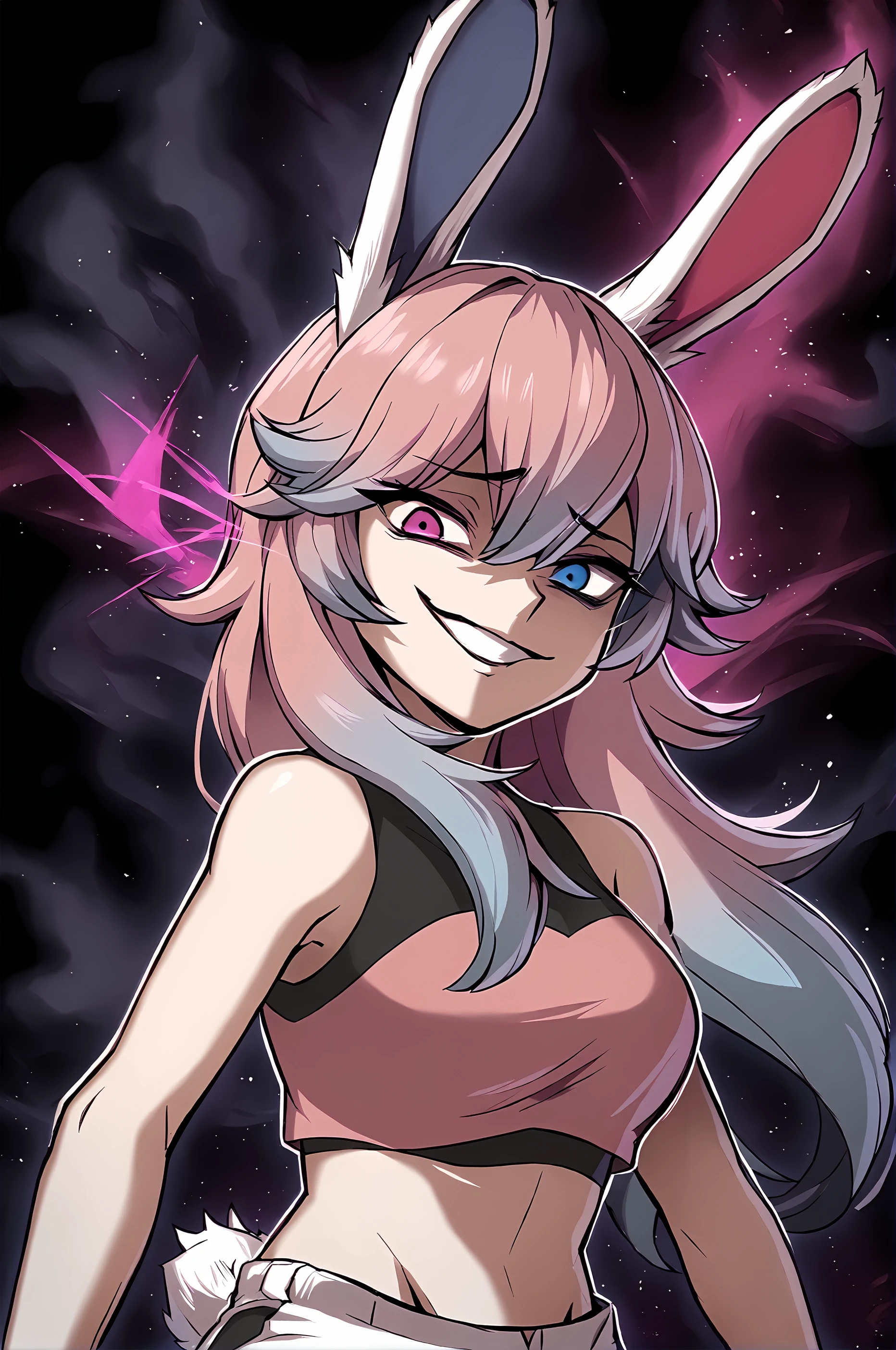 score_9, 
<lora:cottontailva_v1_pruned:1>, cottontailva, heterochromia, pink eye, blue eye, 
crop top, shorts, 
<lora:ebiblue_v1_pruned:1>, monochrome, spot color, black background, pink aura, 
evil grin, looking at viewer, 
high resolution, Masterpiece