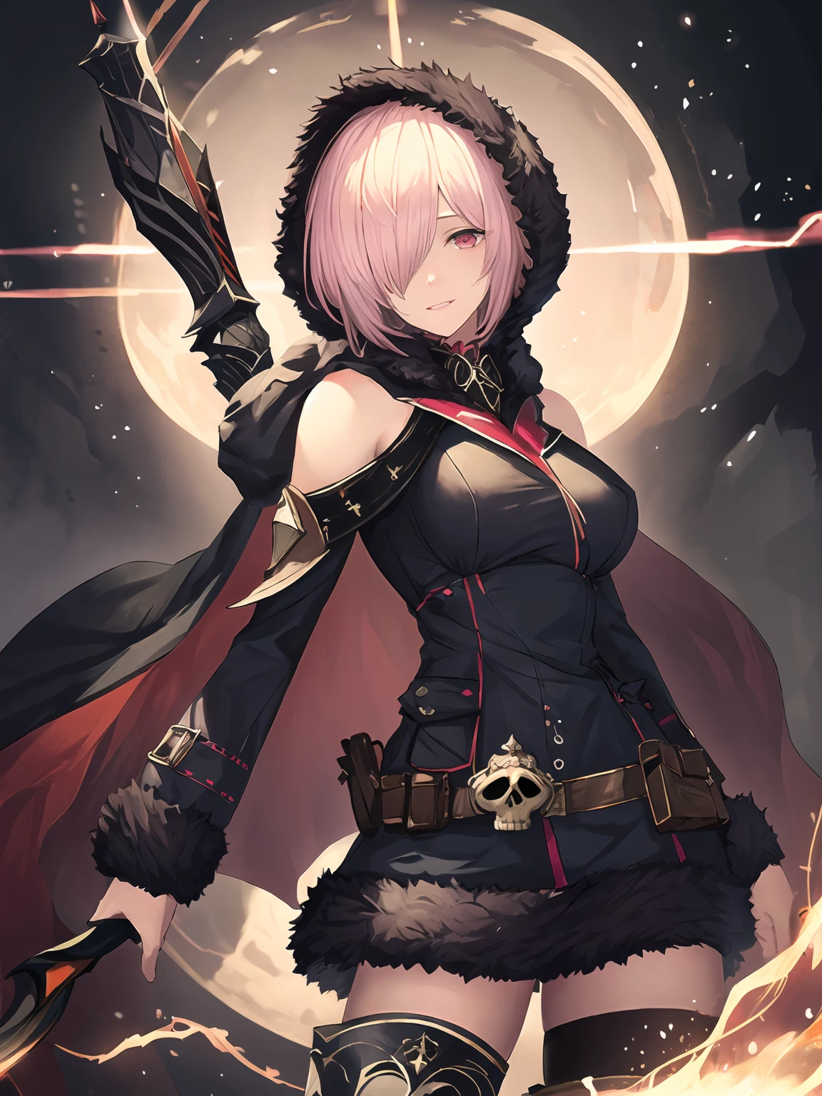 masterpiece,best quality,highres,cinematic lighting,dramatic angle,1girl,<lora:ShadowverseWizardessOfOzV2-000016:0.8:lbw=jiangshi3>,pink hair,short hair,red eyes,black dress,cape,gold trim,skull,belt,pocket,hood,fur trim,asymmetrical legwear,armored boots,thighhighs,looking at viewer,evil smile,parted lips,depth of field,head tilt,shaded face,glowing eyes,holding weapon,huge weapon,electricity,liightning,floating objects,magic,bare shoulders,<lora:flat2:-0.25> ,showing strength,cowboy shot