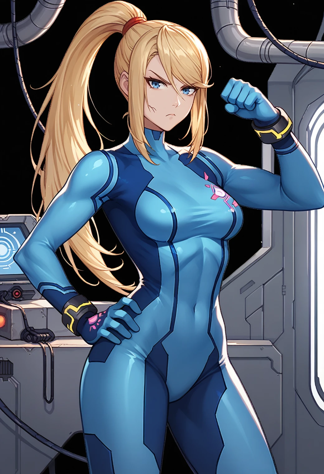 score_9, score_8_up, score_7_up, interior, futuristic, cable, space station, black background, cowboy shot, 1girl, solo, samus aran, blue bodysuit, gloves, hand on own hip, hand up, fist, frown, annoyed, long hair, high ponytail, blue eyes, looking at viewer, skin tight, impossible bodysuit, torn bodysuit, dirty face, hips, medium breasts, <lora:kingsstyle-10:1.1>,