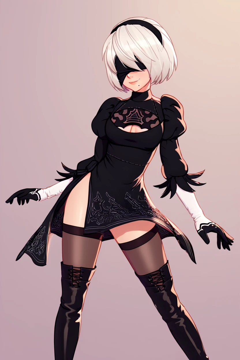 high resolution, score_9, score_8_up, score_8, medium breasts, cute, eyelashes , <lora:nier-2b-ponyxl-lora-nochekaiser:0.8>, 2b, black blindfold, black hairband, blindfold, hairband, short hair, white hair, black skirt, black thighhighs, boots, cleavage cutout, clothing cutout, hairband, high heels, long sleeves, robot, side slit, skirt, thigh boots, thighhighs, cowboy shot, smile,, <lora:CuteCitron:1>,