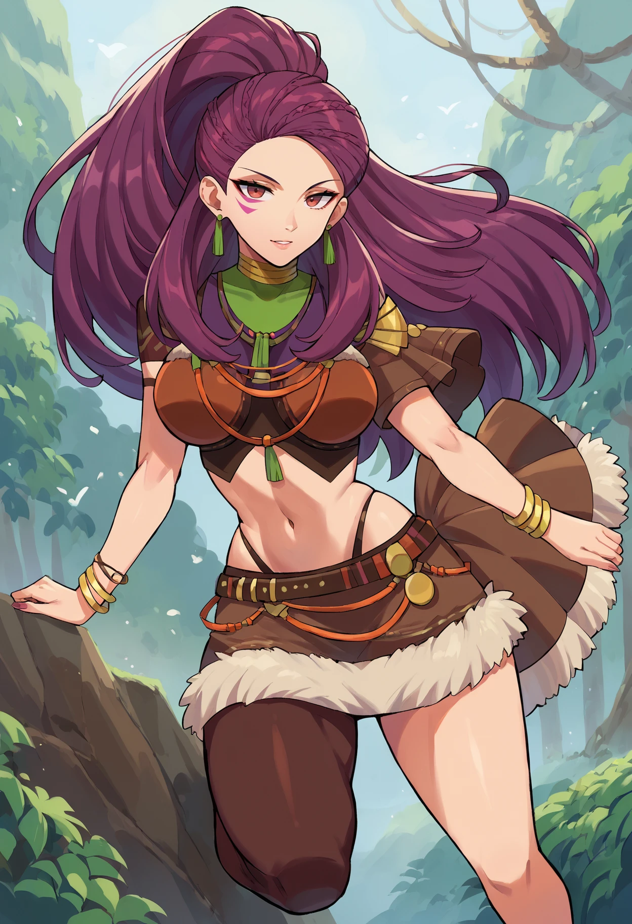 score_9, score_8_up, score_7_up,  <lora:Petra-pdxl:0.9> ,petra-ts, bracelet, braid, breasts, brown crop top, brown skirt, earrings, facial mark,fur trim,  high ponytail, long hair, one sleeve top, purple hair, gold choker, asymmetrical legwear, bracelet, halterneck, mature female, midriff, fur trim skirt