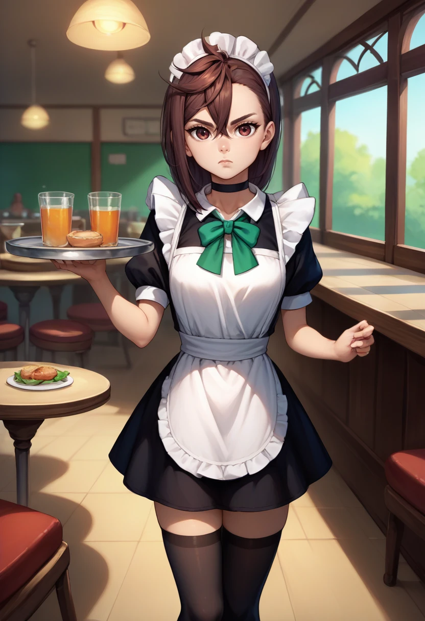 score_9, score_8_up, score_7_up, source_anime, solo, 1girl, ayase momo, expressionless, looking at viewer, holding tray, maid headdress, waitress, frills, black dress, green bowtie, puffy short sleeves, white apron, black thighhighs, black choker, indoors, restaurant <lora:dandadan_ayase_ponyXL:1>