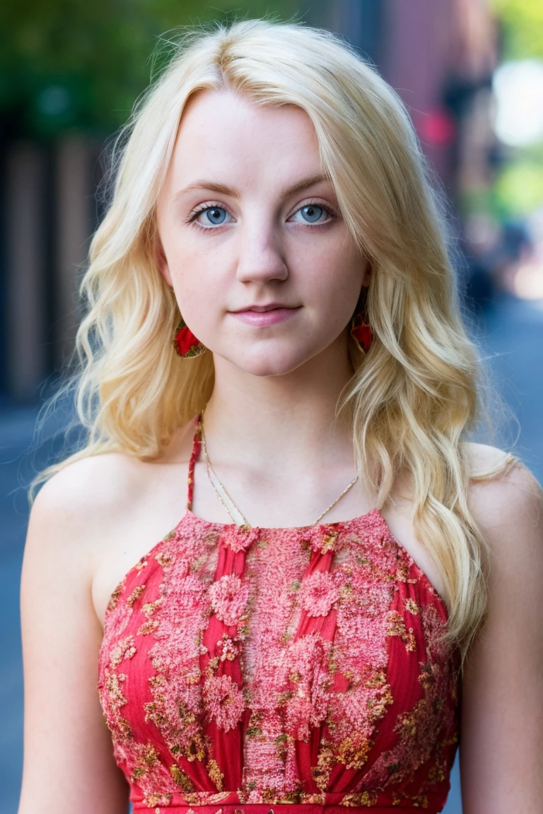 a picture of luna lovegood woman, blonde hair,detailed skin, surface scattering, bokeh, skin pores,  city streets,wearing a red dress,outdoors, looking at viewer ,(subtle smile:0.5), blue eyes, <lora:luna lovegood v3:1>