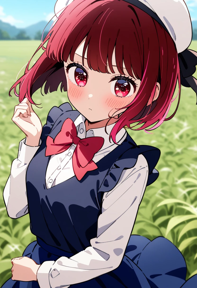 1girl, solo, arima kana, oshi no ko,
short hair, red hair, red eyes, small breasts, white shirt, collared shirt, bowtie, expressionless, blush, hand up, beret, blue skirt,
field, wind,
masterpiece, best quality, absurdres,