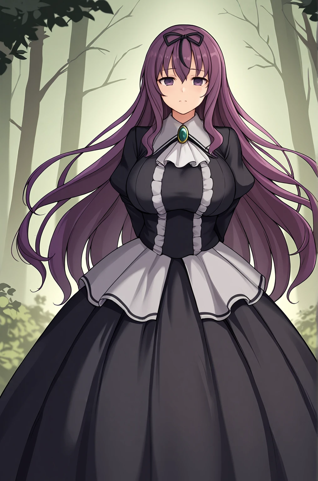 anime artwork, score_9, score_8_up, score_7_up, score_6_up, score_5_up, score_4_up, source_anime, BREAK, thick outline, fat outline,
Murasaki_XL, purple eyes, purple hair, very long hair, hair ribbon, large breasts, BREAK, shinobi_outfit, black dress, long dress, (frills:1.2), brooch, gem, long sleeves, black shoes, BREAK, hands behind back, forest,
<lora:Murasaki_XL:0.7>
<lora:PersonalAmi_PonyXL:1.0>