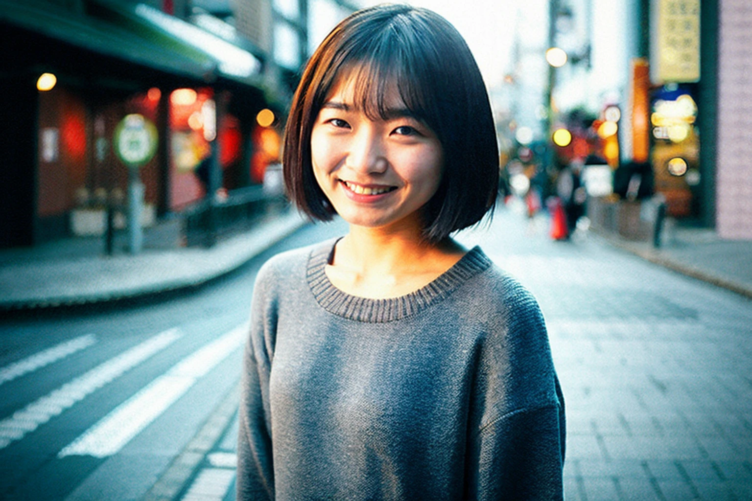 best quality and best aesthetic,a photo of a japanese woman named sumire kuramoto, face, smile, solo, looking at viewer, sweater, upper body, short hair, teeth, long sleeves, grin, outdoors, hands up,(arms behind back), bangs, day, grey sweater, bob cut, sunlight,parted lips
<lora:sumire kuramoto_V1:0.9>,
film grain,cinematic,<lyco:film grainV3:0.5>,Tokyo Japan street background,depth of field,bokeh
