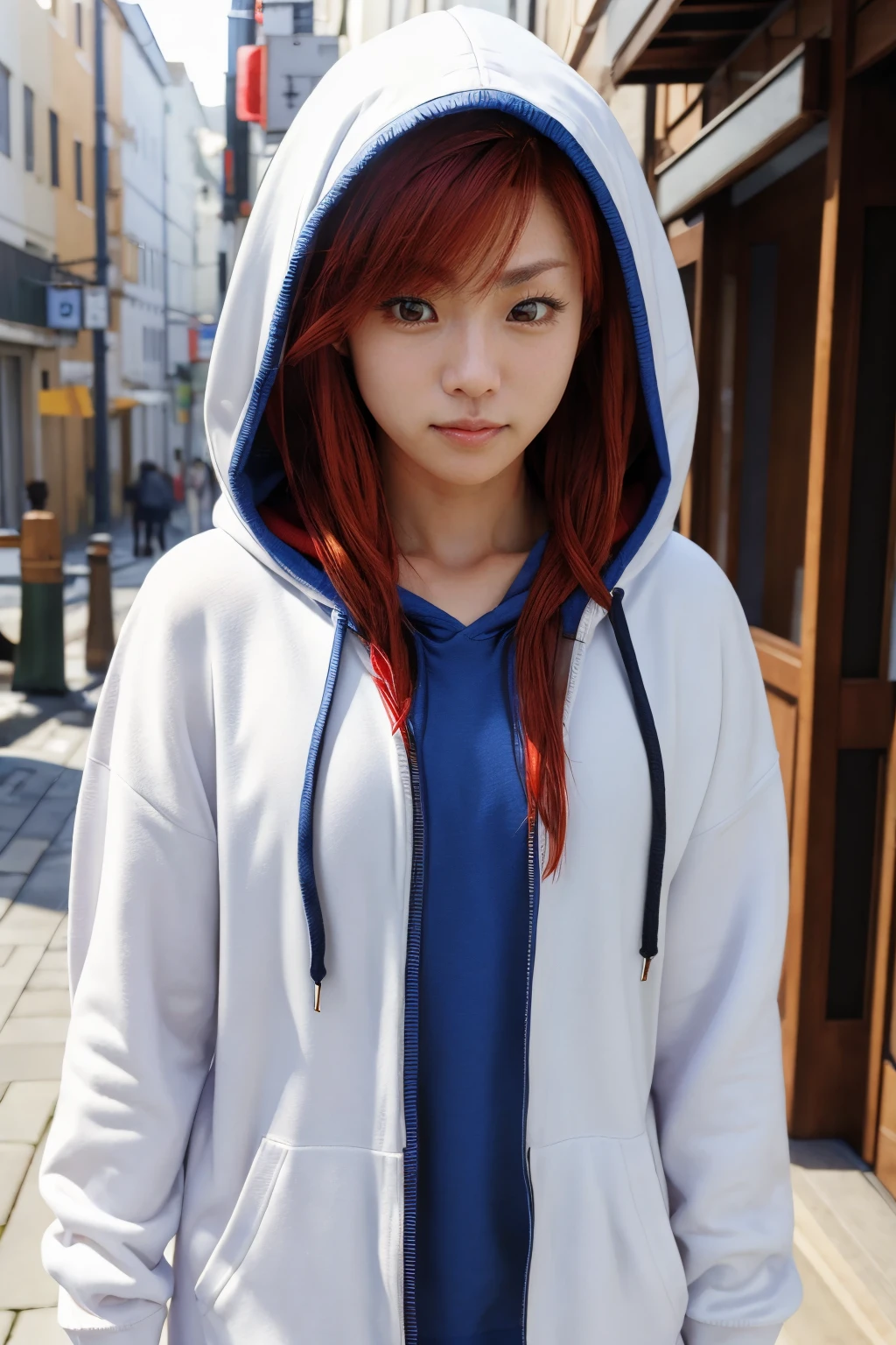 ((Masterpiece, best quality)),, hair inside the hood,short hair,
solo, looking at viewer, blue eyes, 1girl, upper body, male focus, hood, facial hair, cross, cloak, hood up, pentagram ,red hair,white hoodie,
kyokofukadalora <lora:kyokofukadalora:1>