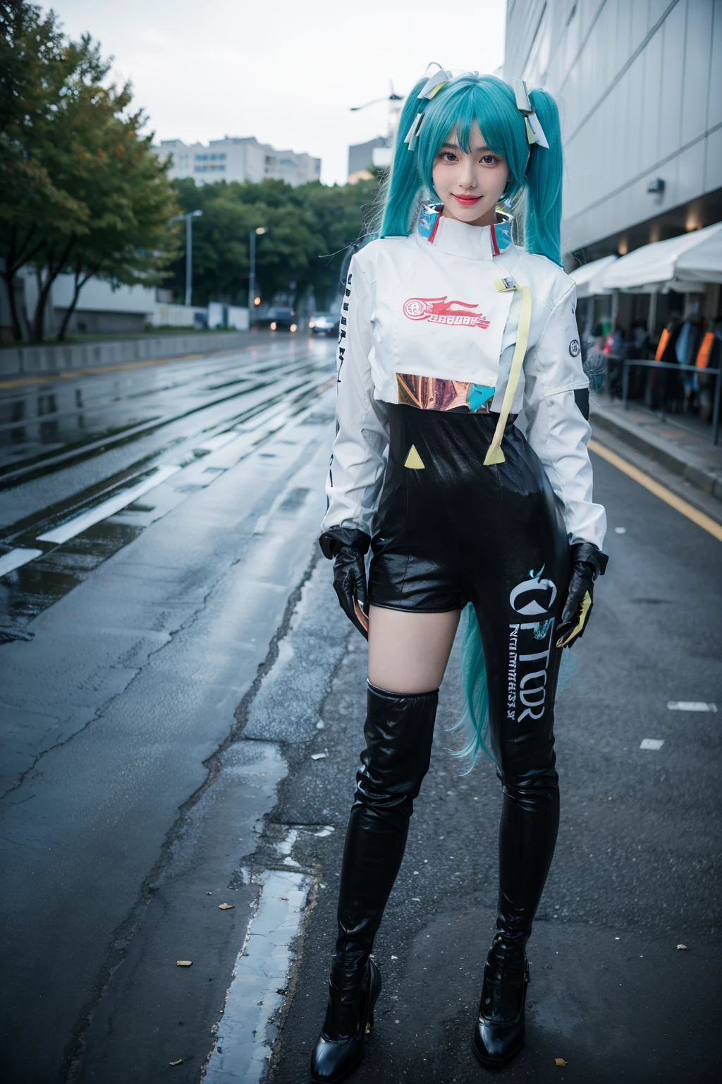 best quality, masterpiece, realistic, photorealistic, 1girl, solo, looking at viewer, smile, standing, full body, arms at side, hatsune miku cosplay costume, hatsune miku, racing miku, cosplay, twintails, aqua hair, very long hair, bodysuit, black bodysuit, asymmetrical bodysuit, crop top, white crop top, cropped jacket, white cropped jacket, long sleeves, logo on crop top, logo, print bodysuit, hair ornament, gloves, two-tone gloves, clothes writing, single legwear, single thigh boot, high heel, racing track, race vehicle, racecar, <lora:miku_cosplay_Racing2022_v1:0.75>
