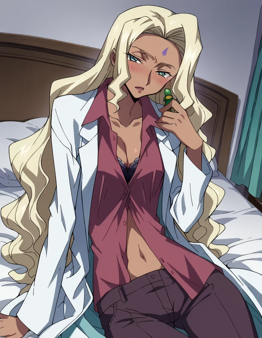 score_9, score_8_up, score_7_up, source_anime,
rakshatachawla, <lora:rakshata-chawla-ponyxl-lora-nochekaiser:1>
rakshata chawla, long hair, blonde hair, dark-skinned female, dark skin, forehead mark,
navel, cleavage, underwear, labcoat, bra, pants, shirt, 
indoors, bed, bed room, on side, blush, drunk,
looking at viewer, dutch angle, cowboy shot