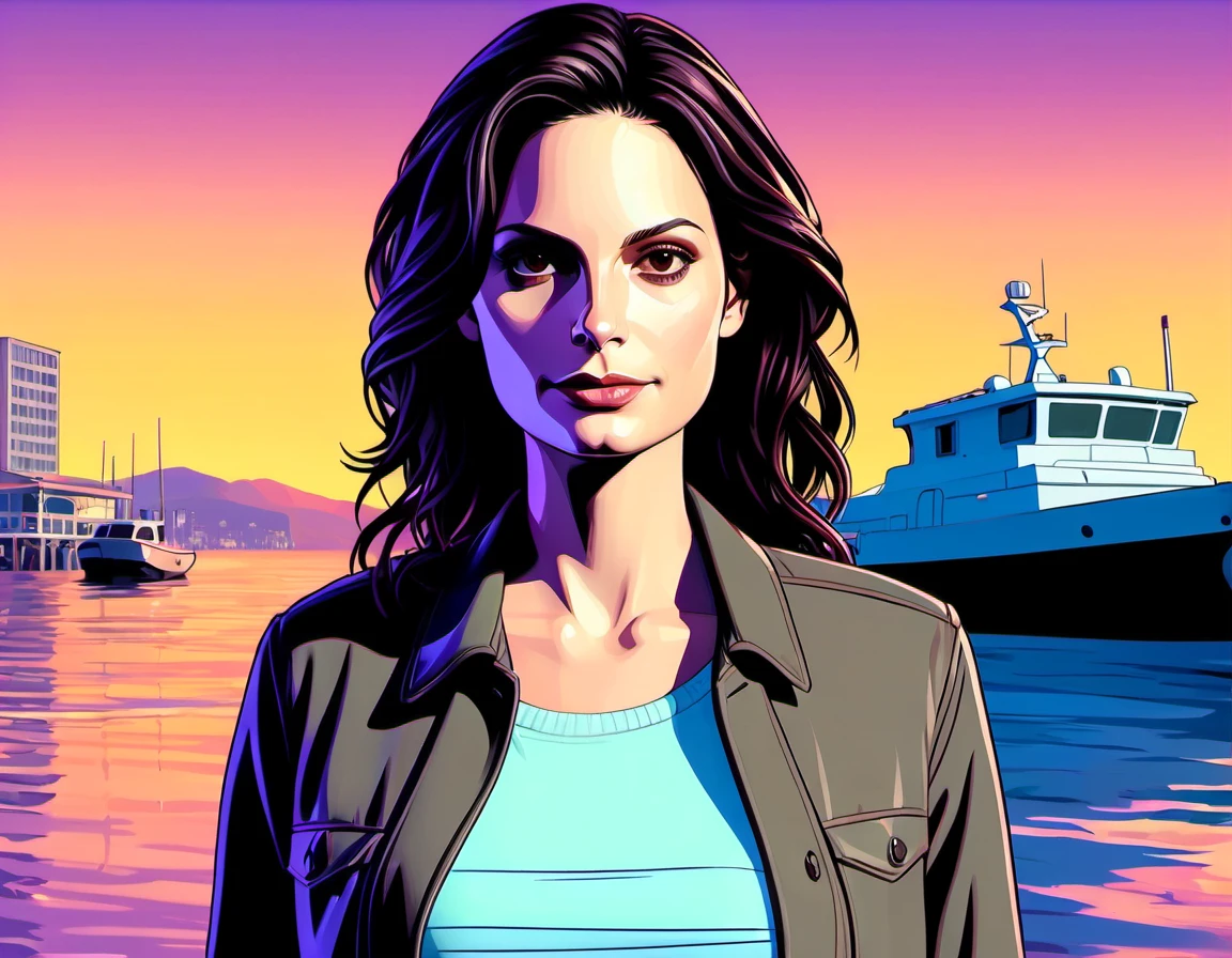 GTA-ish, 2D, beautiful gorgeous Joanne Kelly, dockside background, (thick outline:1.2)