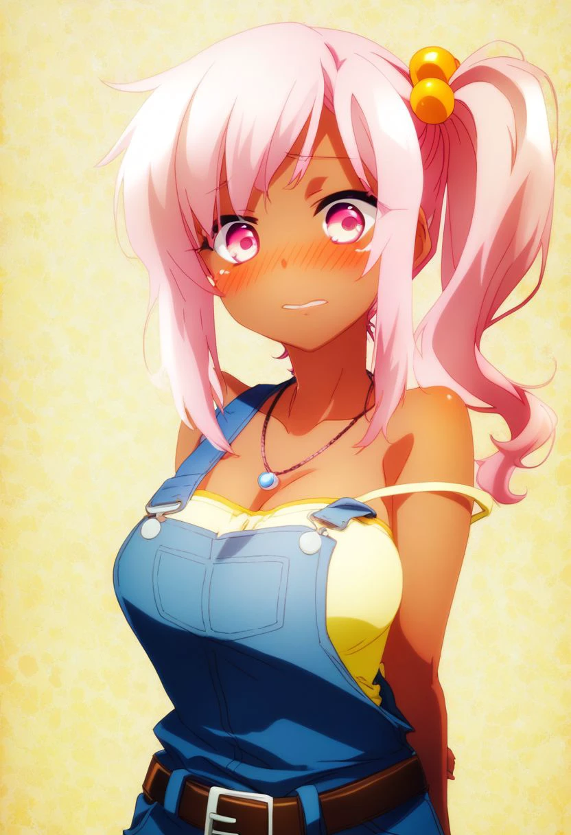 score_9, score_8_up, score_8, big breasts, cute, eyelashes,  curvy, 
1girl, arms behind back, belt, blush, camisole, dark skin, dark-skinned female, embarrassed, hair bobbles, hair ornament, jewelry, long hair, looking away, necklace, off shoulder, overalls, pink eyes, pink hair, side ponytail, solo, stitched, upper body