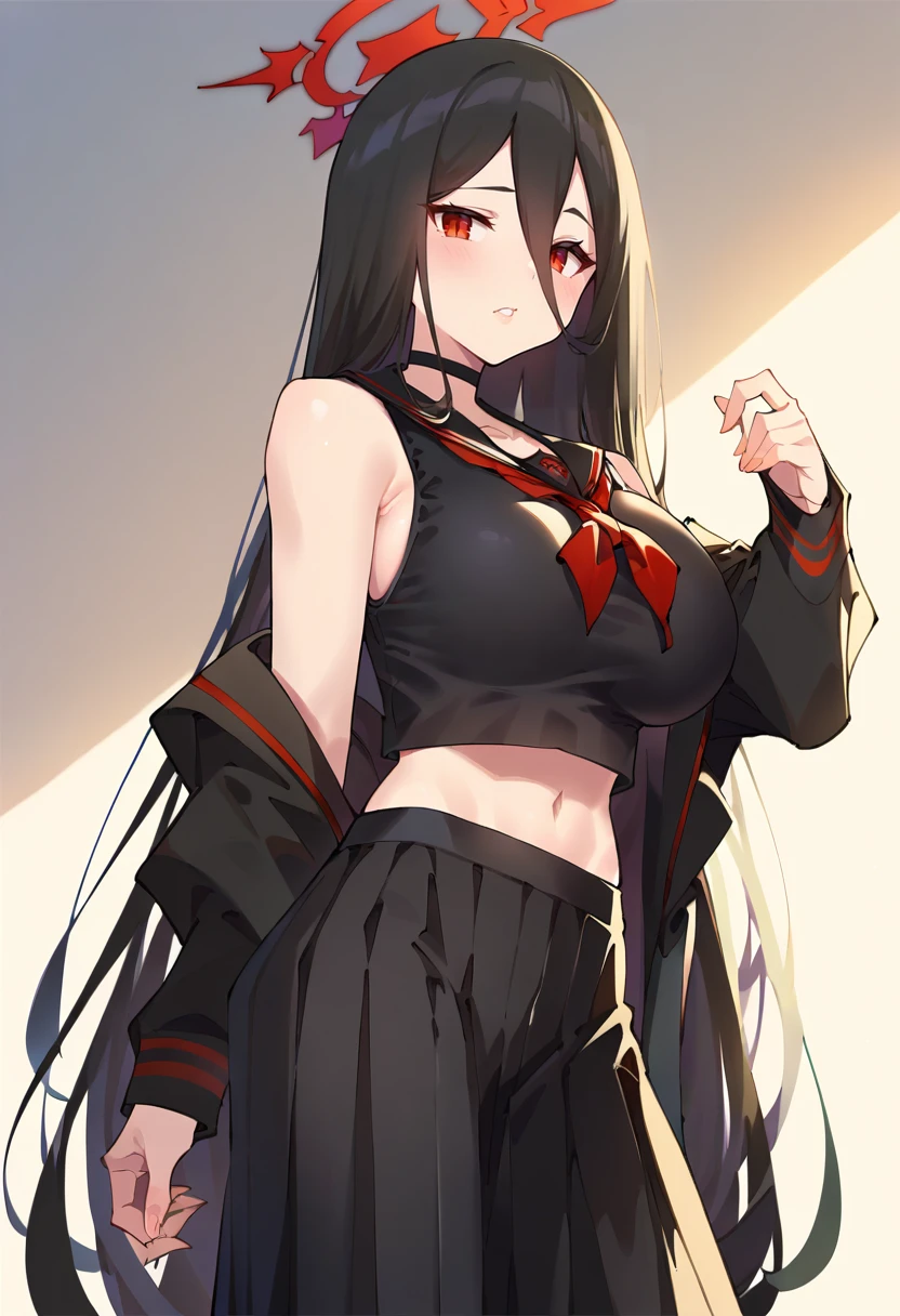 score_9, score_8_up, score_7_up, 1girl, solo, hasumi, blue archive, hair between eyes, very long hair, black hair, red eyes, large breasts, black serafuku, pleated skirt, long skirt, midriff, black shirt, sailor collar  <lora:Popqn-Style-PonyXL-v1.1-000019:1>