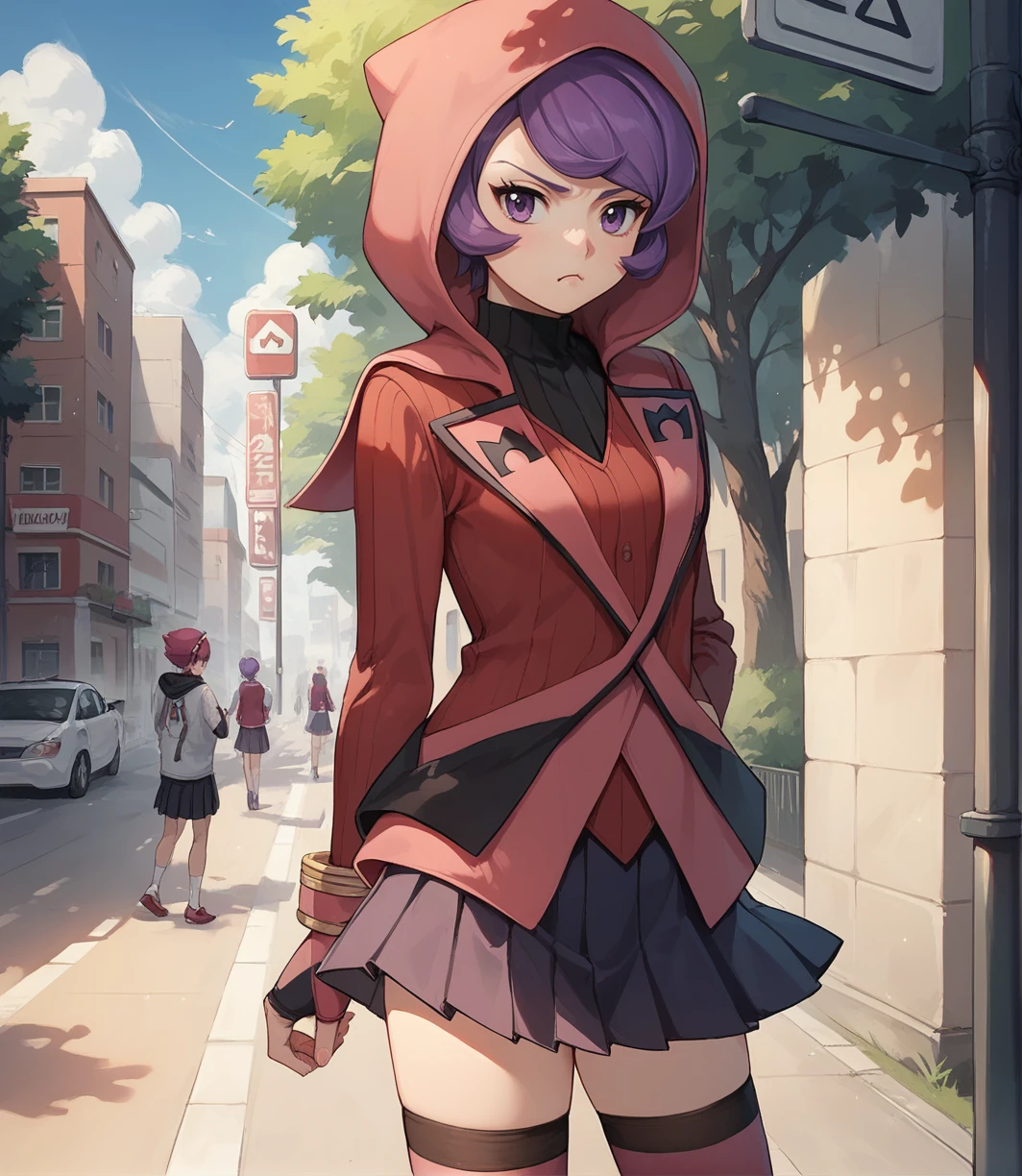 score_9,score_8_up,score_7_up,score_6_up,source anime BREAK,
1girl, courtney (pokemon), purple hair, swept bangs, eyelashes, purple eyes, short hair, medium breasts,
hood, hoodies, school uniform, pleated skirt, thighhighs, neckerchief,
outdoors, pout, street,
<lora:courtney_v1_0:1>