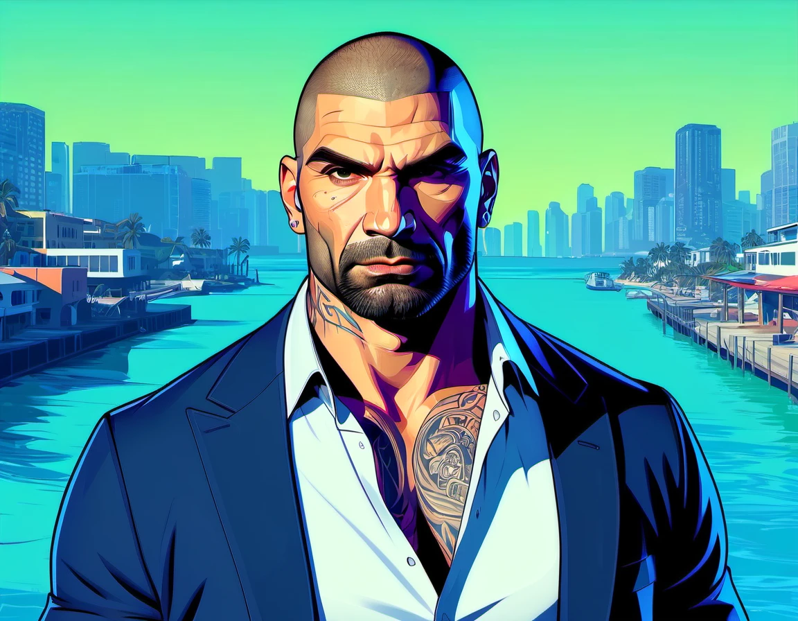 GTA-ish, 2D, beautiful gorgeous Dave Bautista, dockside background, (thick outline:1.2)