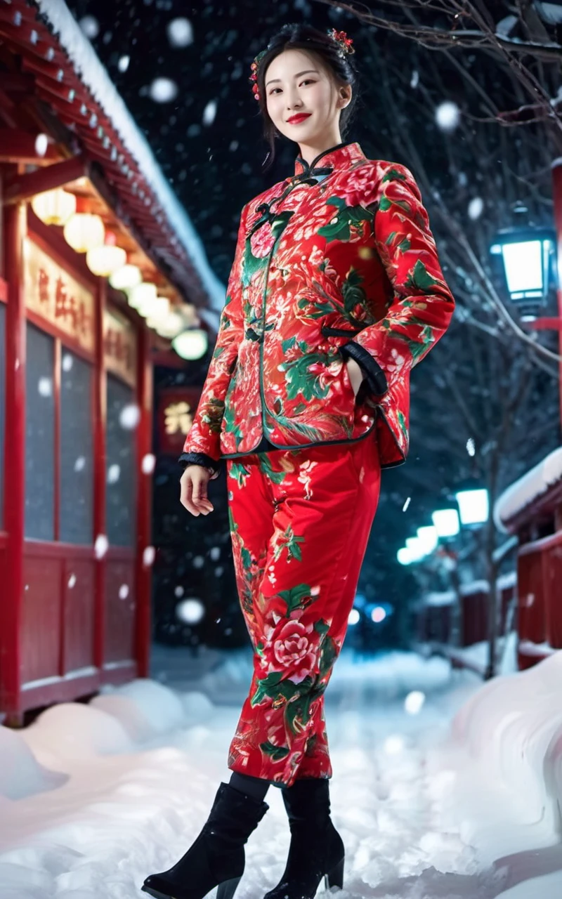 1girl,wearing a red printed cotton jacket and a pair of red printed pants,twintails,dongbeicoat,chinese dress,<lora:coat-03:0.65>,pointed patent leather high heels,flower,walking on snow outdoors,snow,snowing,night,spotlights,neon lights,light scattering,dark,ray tracing,deep shadow,depth of field,action pose,dynamic pose,looking at viewer, (red lipstick:1.2),happy,joy,glad,grin,slim body,long legs,sophisticated and professional lighting,wide angle,view from above,long shot,(perfect Anatomy:1.4)(ultra detailed skin, ultra detailed face,detailed eyes, detailed skin pores:1.2)8K, UHD, high definition photo(hyperdetailed:1.2)<lora:add-detail-xl:1>