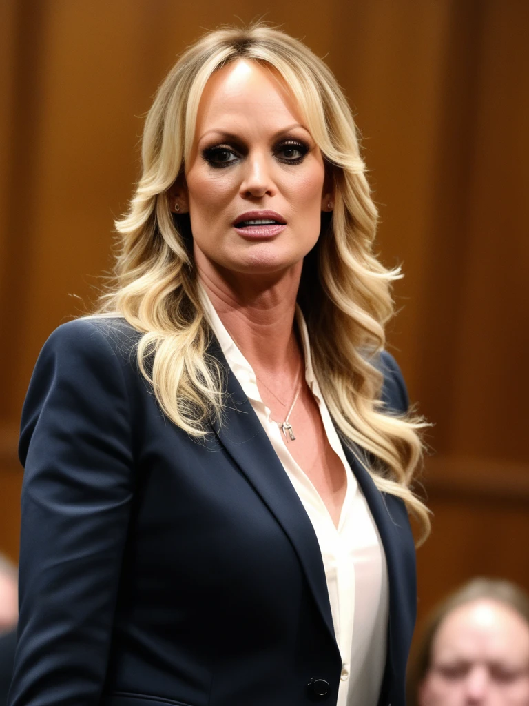 stormydaniels:0.7 wearing a business suit, blouse, in a courtroom, smiling