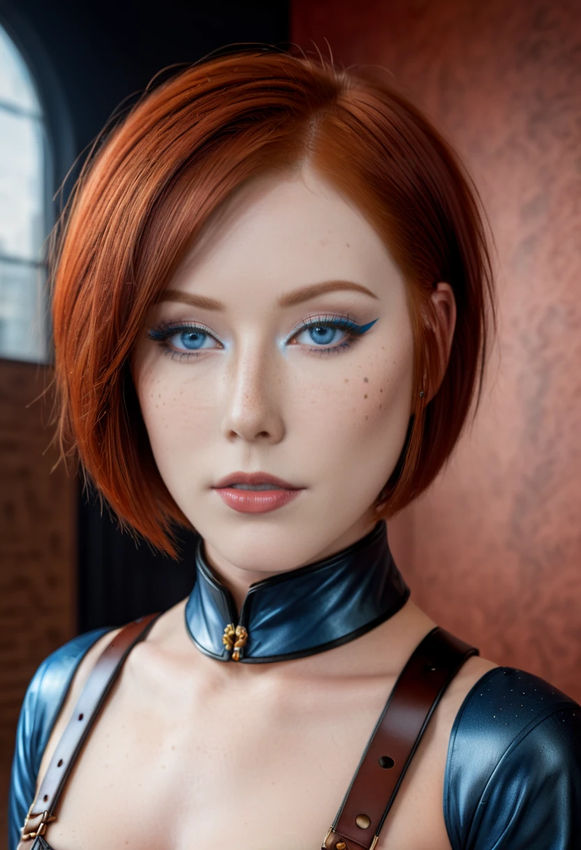 breathtaking portrait, Leather harness, Victorian bustle top, Kabuki masks,, Stomach Down, Mega-corporation headquarters, redhair in short bob cut, blue eyes, freckles <lora:AlienorXL:1>, detailed skin texture, (blush:0.5), (goosebumps:0.5), subsurface scattering, dry skin, fuzzy skin, masterpiece, award-winning, professional, highly detailed