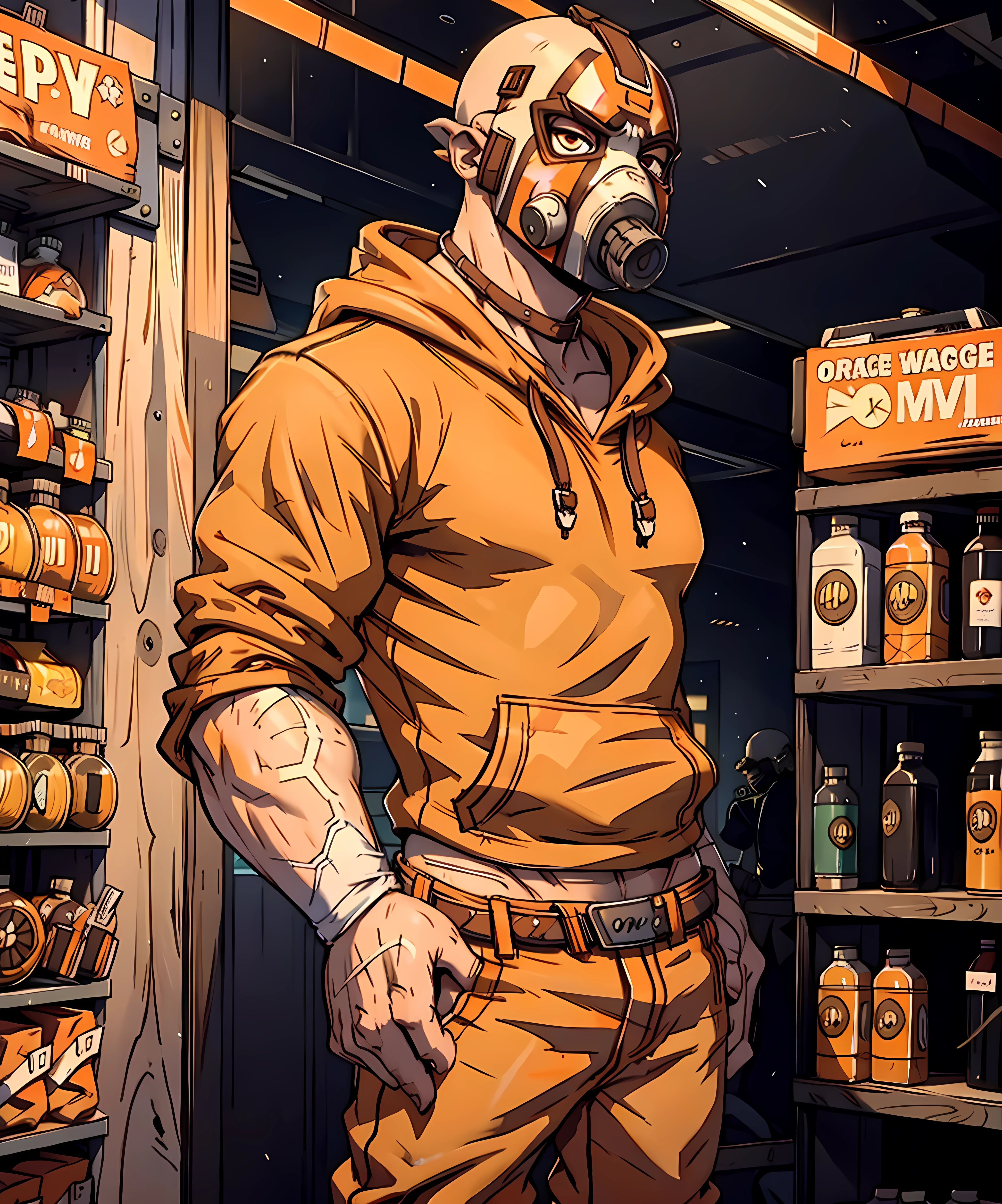 krieg, standing, gas mask, bald, mall, shops, (((orange hoodie:1.2))), (((jeans))), <lora:Krieg:0.7>