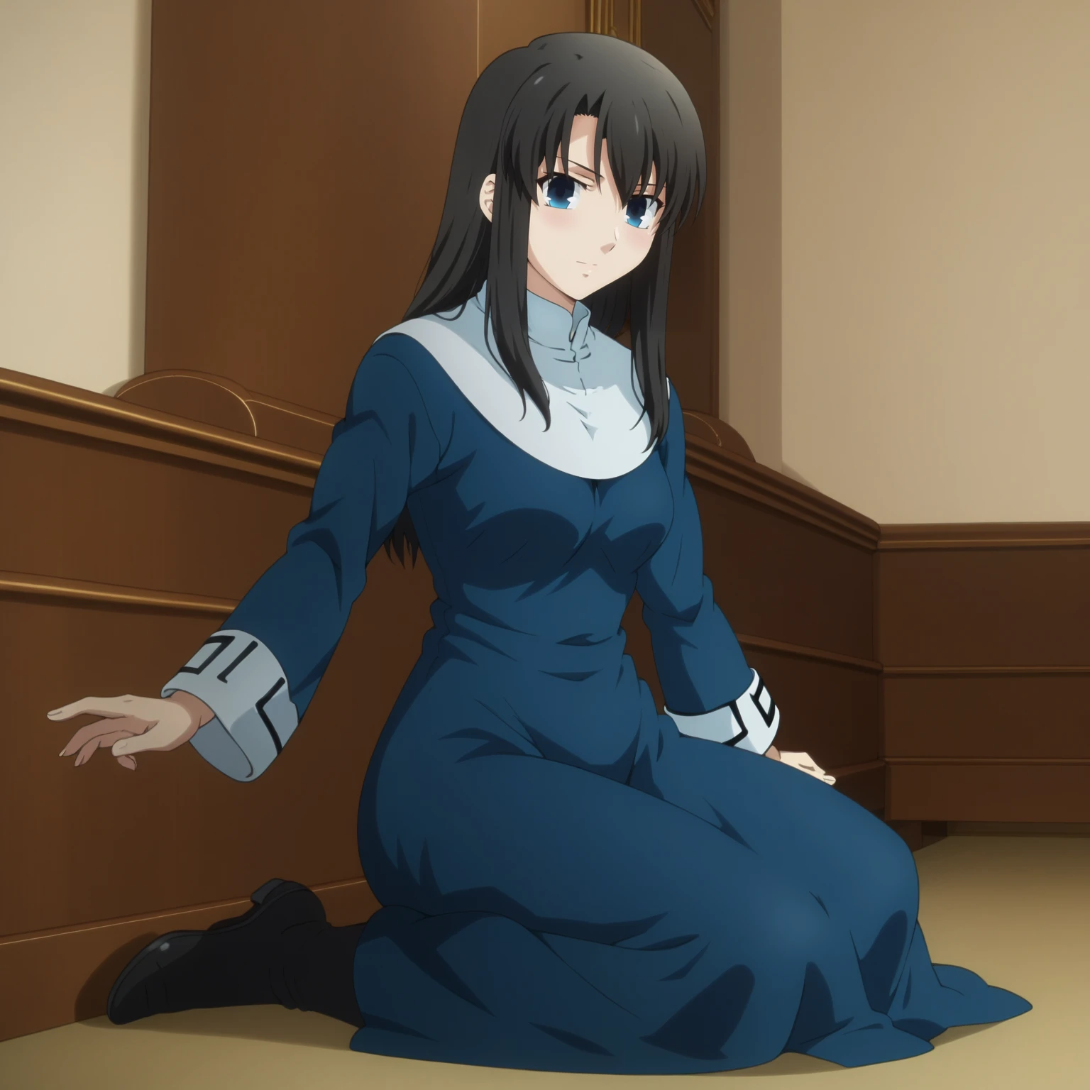 <lora:AzakaKokutouXLpony001>,
AzakaKokutou,1girl,black hair,bangs,long hair,blue eyes,
blue dress,nun,
full body,sitting,