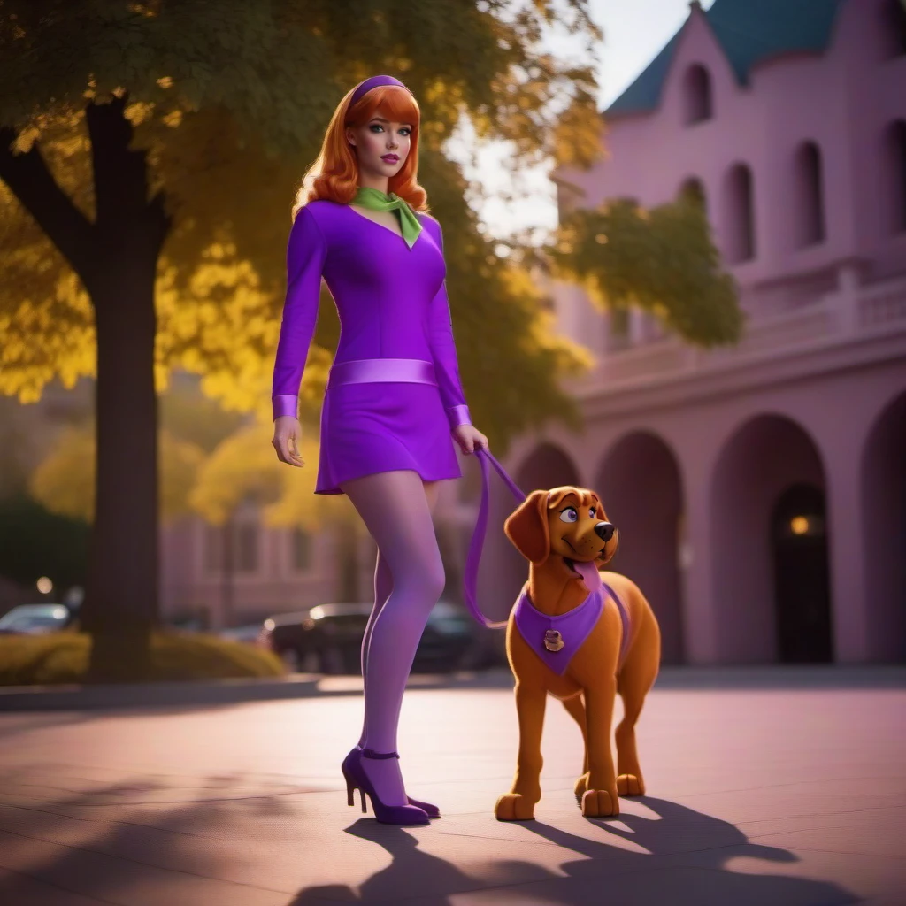 cinematic photo a full body daphne blake dressed a puple  walks a big brown dog, scoobydoo <lora:DaphneBlake1024:0.8> . 35mm photograph, film, bokeh, professional, 4k, highly detailed