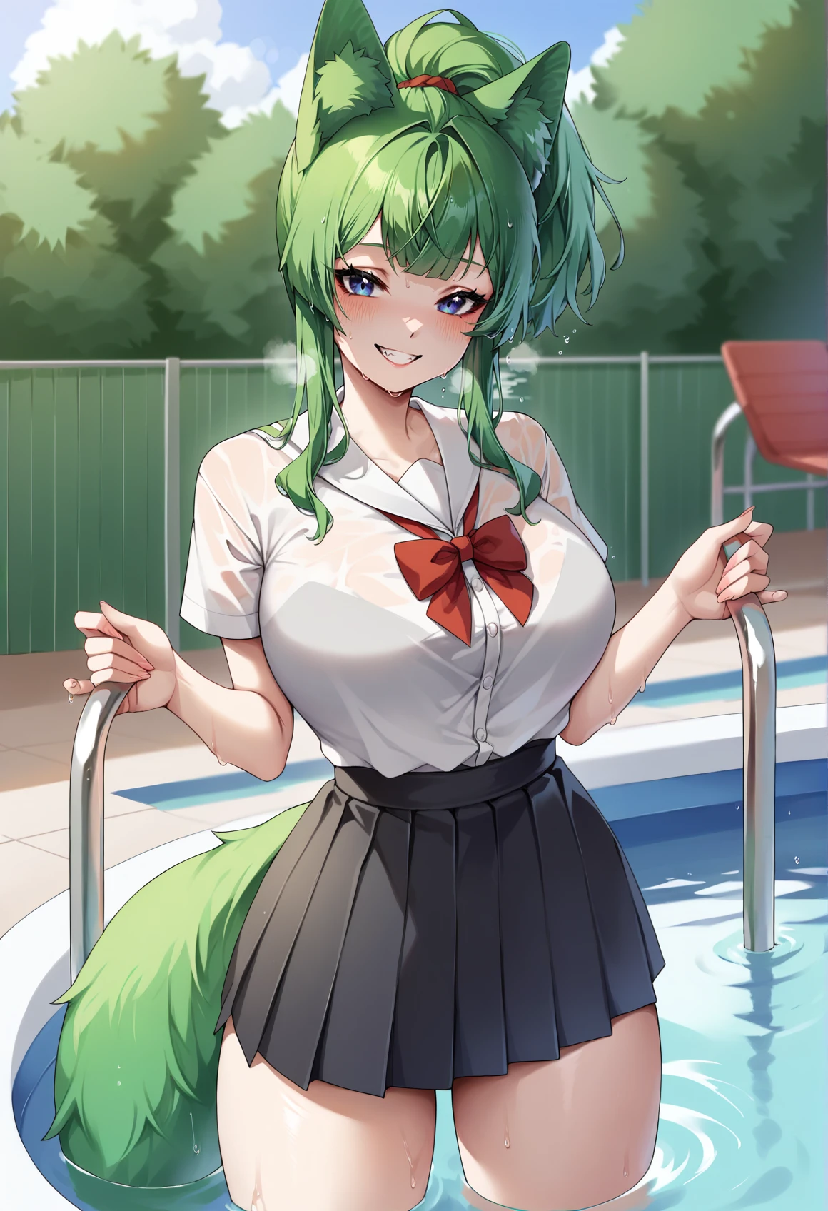 score_9, score_8_up, score_7_up, source_anime, 1girl, solo, pool, school pool, blue eyes, green hair, fox girl, fox ears, school uniform, wet shirt, bare feet, standing, cowboy shot, facing forward, grin, blush,  big breasts, wide hips, thick thighs, blunt bangs, ponytail, messy hair,green ears, green fox ears, black skirt <lora:Tacco-Style-PonyXL-000018:1>