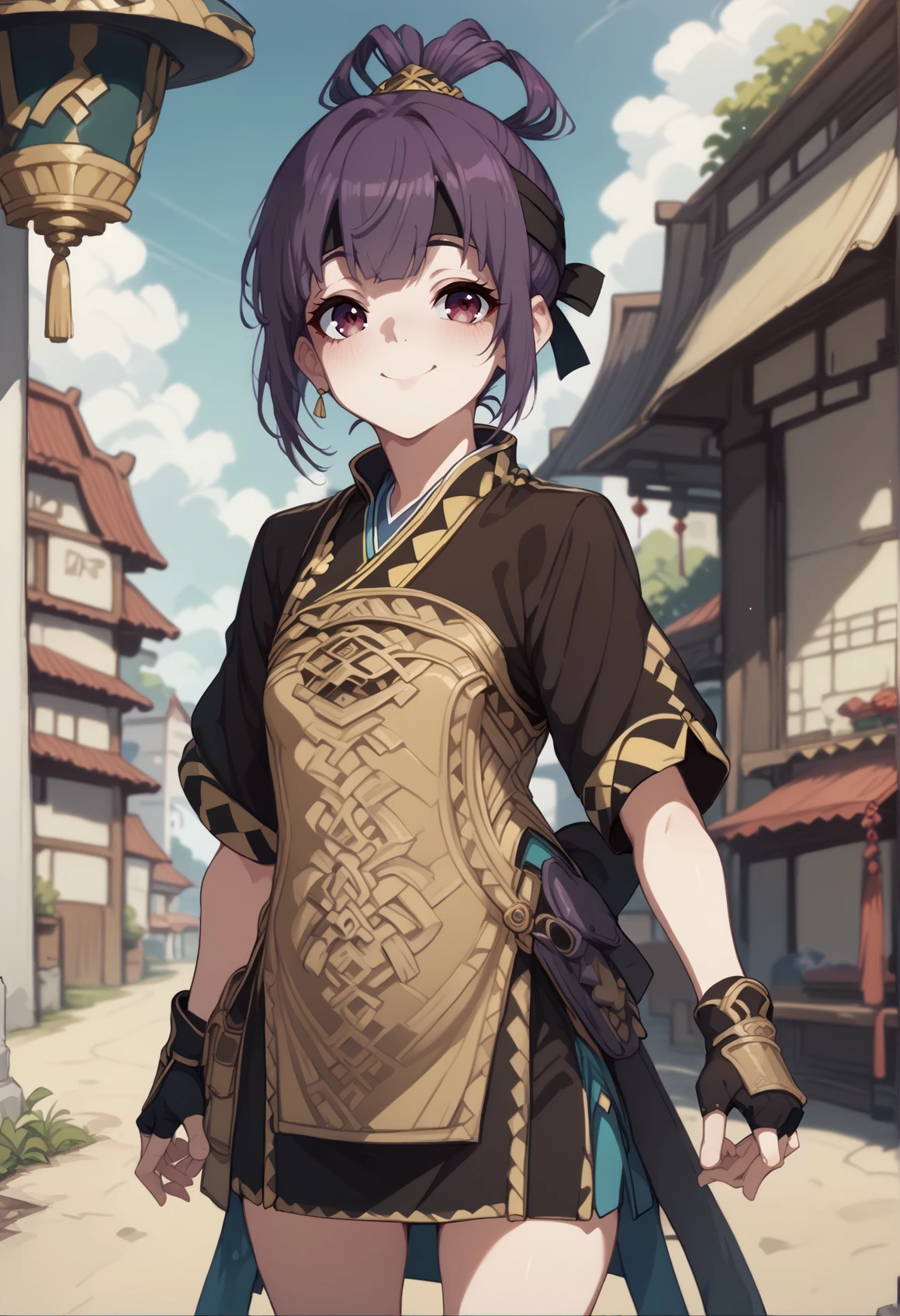 1girl, short hair, brown hair, topknot, hair rings, sidelocks, headband, brown eyes, chinese clothes, black dress, miniskirt, short sleeves, ribbon, fingerless gloves, armored boots, cowboy shot, outdoors, smile, <lora:Miakis_Suikoden_V_XL:1> <lora:KakureEriaPDXL:1>, score_9, score_8_up, score_7_up, score_6_up, score_5_up, score_4_up, BREAK source_anime, masterpiece