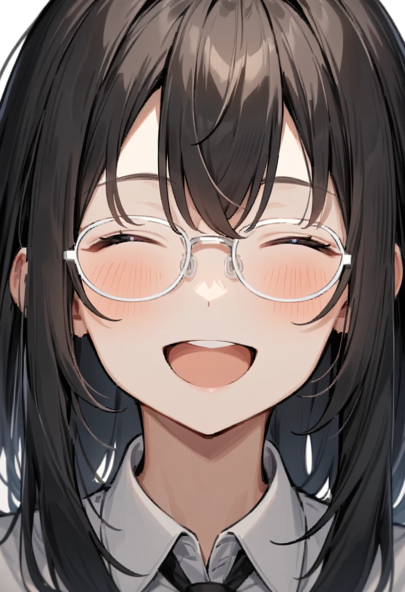 masterpiece, best quality, very aesthetic, absurdres,
1girl, solo, black hair, long hair,
g-boston19A,  glasses, white-framed eyewear,
collared shirt, happy, smile, looking at another, closed eyes, open mouth, white background, simple background,
<lora:glasses_boston_19A_SDXL_V1:1>