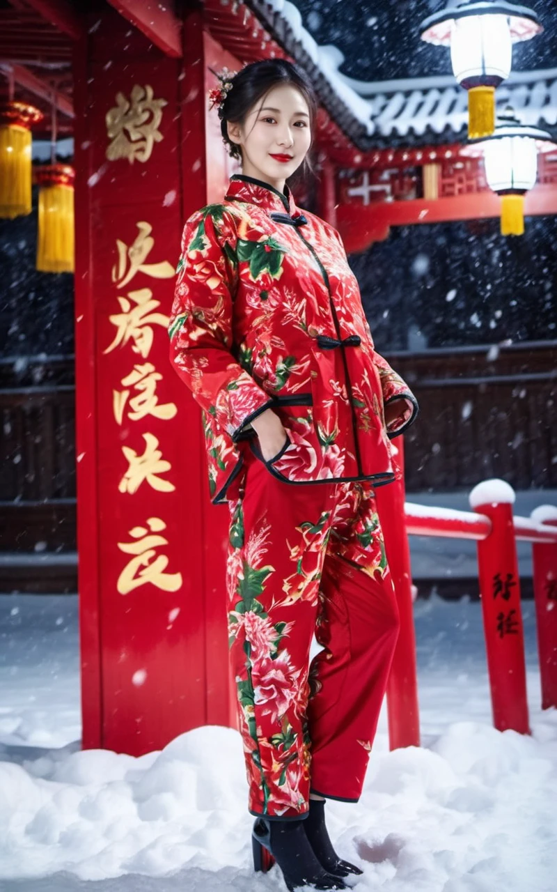 1girl,wearing a red printed cotton jacket and a pair of red printed pants,twintails,dongbeicoat,chinese dress,<lora:coat-03:0.65>,pointed patent leather high heels,flower,standing on snow outdoors,snow,snowing,night,spotlights,neon lights,light scattering,dark,ray tracing,deep shadow,depth of field,action pose,dynamic pose,looking at viewer, (red lipstick:1.2),happy,joy,glad,grin,slim body,long legs,sophisticated and professional lighting,wide angle,view from above,long shot,(perfect Anatomy:1.4)(ultra detailed skin, ultra detailed face,detailed eyes, detailed skin pores:1.2)8K, UHD, high definition photo(hyperdetailed:1.2)<lora:add-detail-xl:1>(best quality, masterpiece:1.2, photo realistic:1.4),highly detailed,ultra high res,8K,RAW,realistic shadow,(skin pores),detailed skin texture,film grain,natural shading,detailed background,professional light,