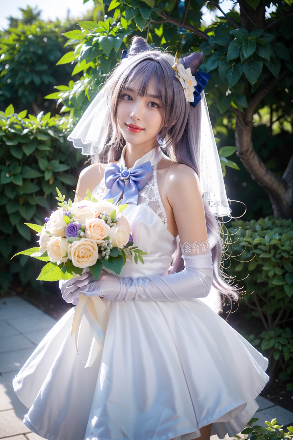 best quality, masterpiece, realistic, photorealistic, 1girl, solo, looking at viewer, smile, standing, cowboy shot, keqing cosplay costume, keqing, cosplay, alternate costume, purple hair, twintails, long hair, hair bun, cone hair bun, dress, white dress, wedding dress, sleeveless dress, frills, lace trim, gloves, white gloves, elbow gloves, bow, bowtie, flower, veil, bridal veil, bride, hair ornament, hair flower, hair ribbon, hair bow, holding bouquet, bouquet, outdoors, garden, tree, water, detailed background, <lora:Genshin_Keqing_WeddingDress_cosplay_v1:0.75>