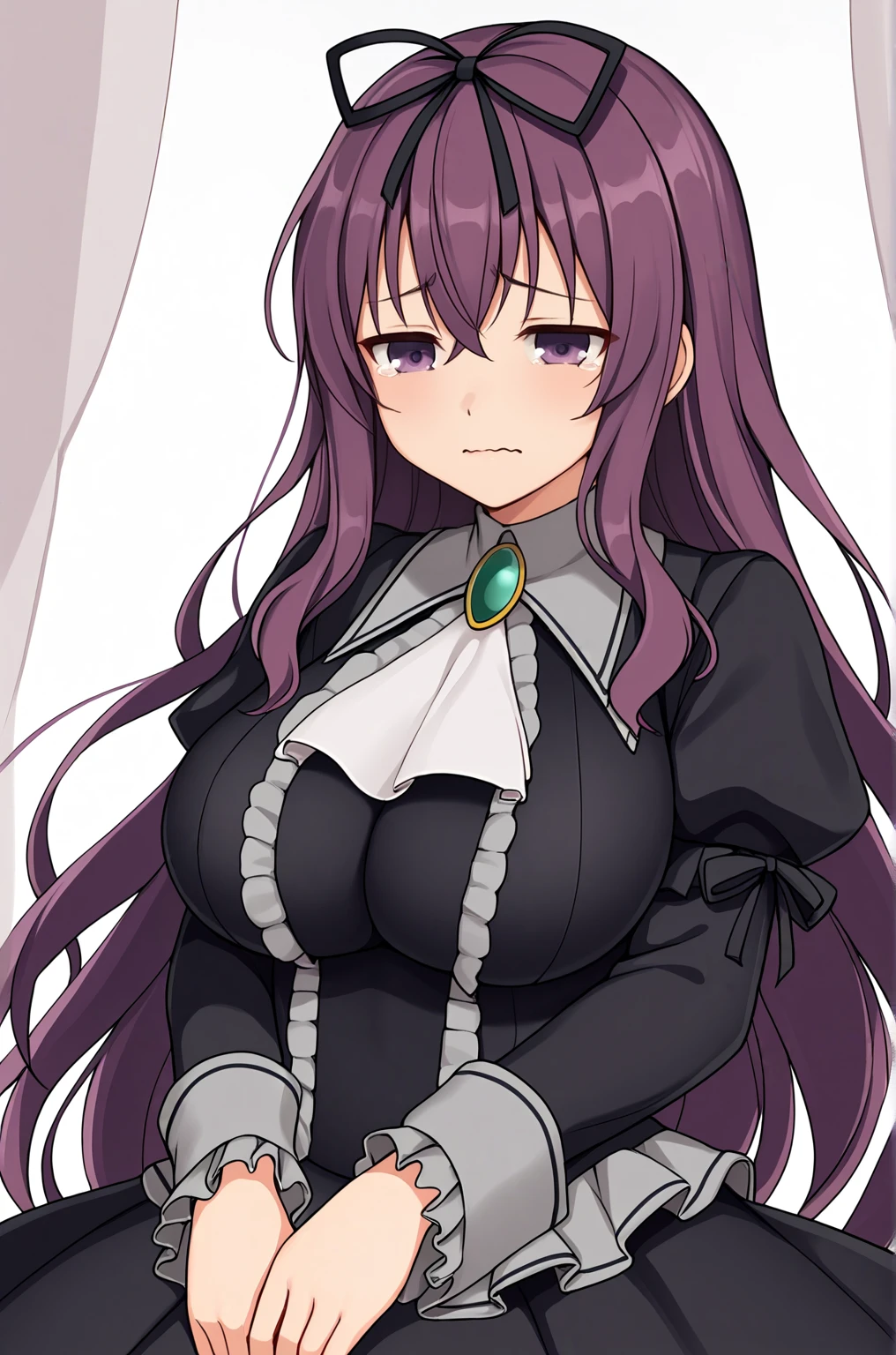 anime artwork, score_9, score_8_up, score_7_up, score_6_up, score_5_up, score_4_up, source_anime, BREAK, thick outline, fat outline,
Murasaki_XL, purple eyes, purple hair, very long hair, hair ribbon, large breasts, BREAK, shinobi_outfit, black dress, long dress, (frills:1.2), brooch, gem, long sleeves, BREAK, aquacrying, wavy mouth, closed mouth, tearing up, closeup,
<lora:Murasaki_XL:0.7>
<lora:PersonalAmi_PonyXL:1.0>