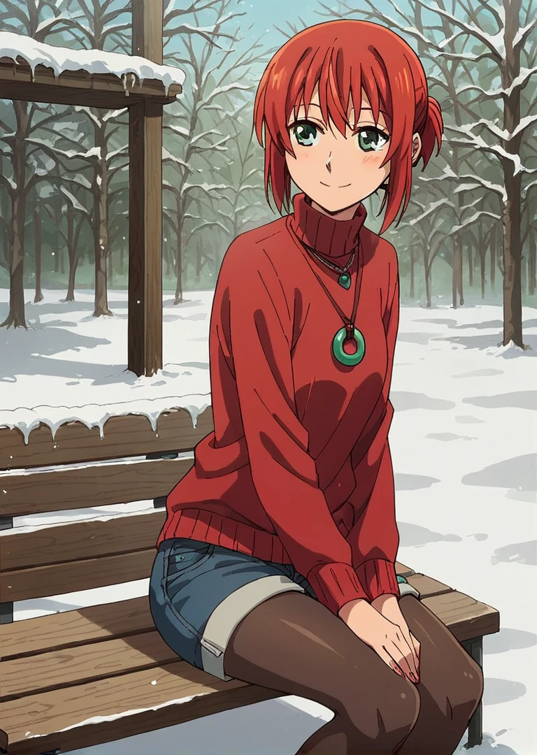 score_9, score_8_up, score_7_up, 1girl, Hatori Chise, red hair, green eyes, short hair, short ponytail, sitting, outdoors, bench, snow, red sweater, denim shorts, pantyhose under shorts, smile, necklace