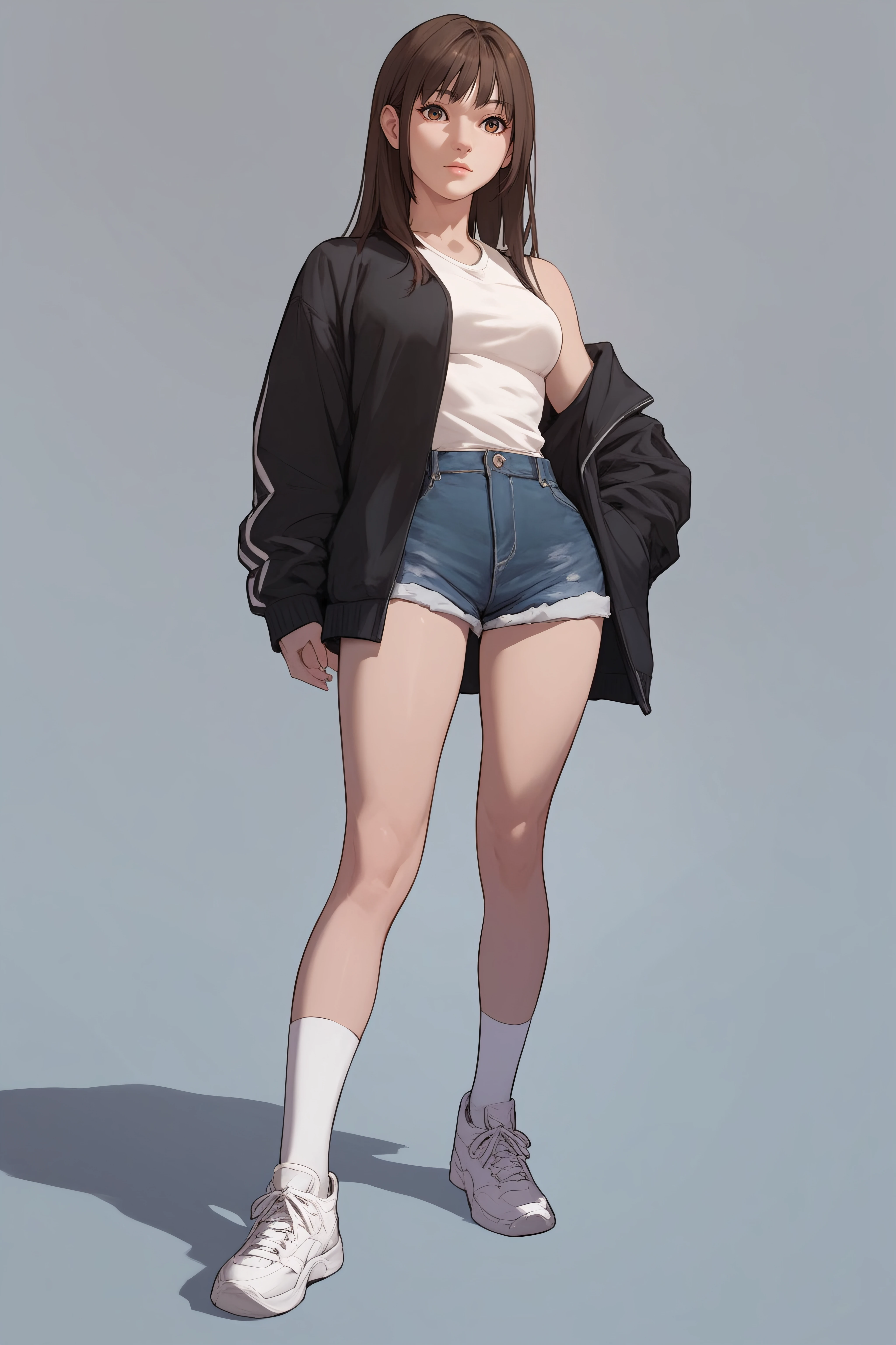 score_9, score_8_up, score_7_up, <lora:Bomi Choi-PonyXL-lora-Faxtron:0.7> bomi choi, brown eyes, brown hair, long hair, medium breasts, black jacket, white socks, denim short shorts, white sneakers, standing,