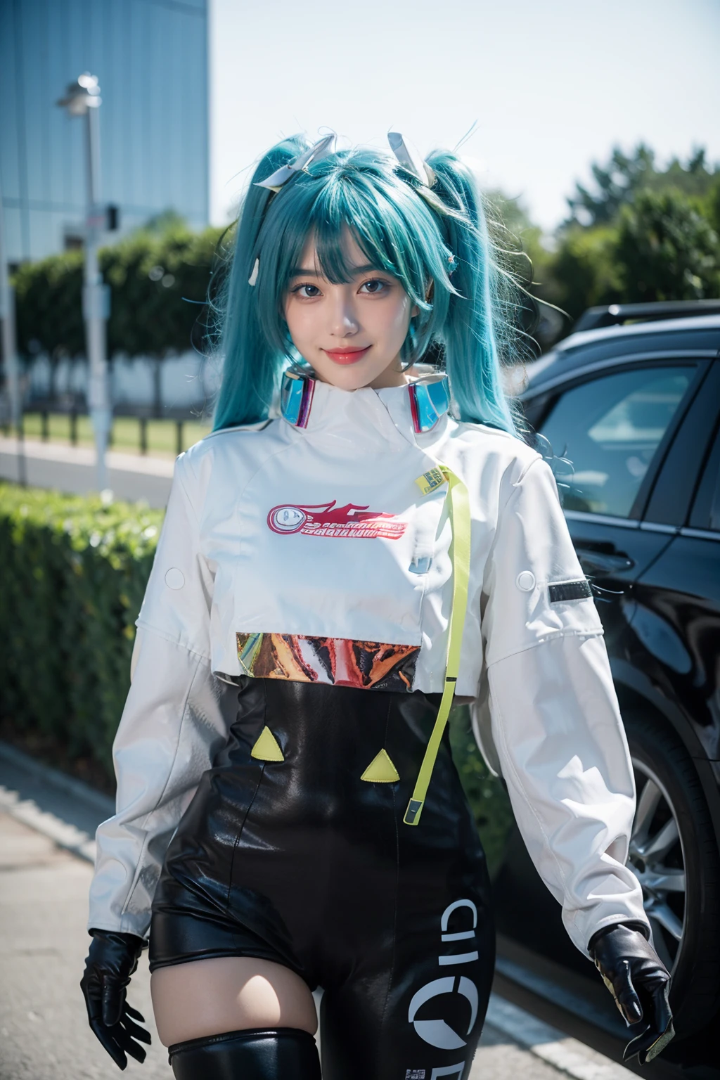 best quality, masterpiece, realistic, photorealistic, 1girl, solo, looking at viewer, smile, standing, cowboy shot, arms at side, hatsune miku cosplay costume, hatsune miku, racing miku, cosplay, twintails, aqua hair, very long hair, bodysuit, black bodysuit, asymmetrical bodysuit, crop top, white crop top, cropped jacket, white cropped jacket, long sleeves, logo on crop top, logo, print bodysuit, hair ornament, gloves, two-tone gloves, clothes writing, single legwear, single thigh boot, racing track, race vehicle, racecar, <lora:miku_cosplay_Racing2022_v1:0.75>