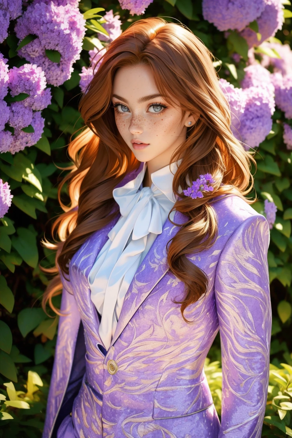 <lora:detail_slider_v4:1> <lora:Fr3ckles:0.75> Fr3ckles, ginger hair, long hair, grey eyes, freckles, 1girl,  <lora:purpsu1t:0.75> purpsu1t, purple suit, flowers,