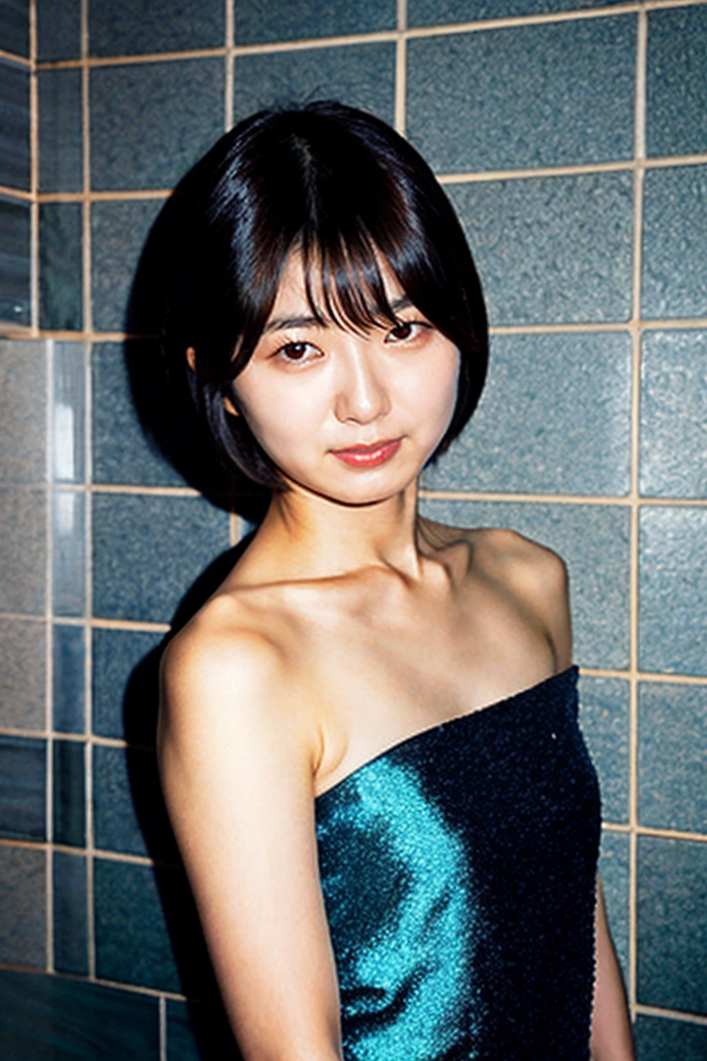 a photo of a japanese woman named sumire kuramoto, face, solo, short hair, bare shoulders, looking at viewer, upper body, breasts, bob cut, collarbone <lora:sumire kuramoto_V1:0.8>,flash photography,<lora:flash photography photoV3:0.5>
bathroom background,tile wall