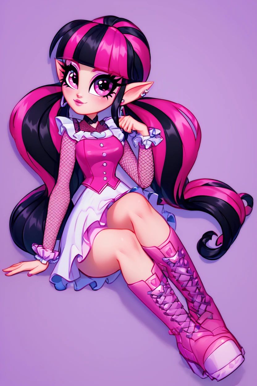 high resolution, score_9, score_8_up, score_8, medium breasts, cute, eyelashes , draculaura, solo, twintails, multiclored hair, pink hair, black hair, pink eyes, pointy ears, earrings, fishnet sleeves, frilled sleeves, long sleeves, blunt bangs, monster high, pink vest, white skirt, pink knee boots, <lora:Draculaura_P1:0.7>,,  <lora:CuteCitron:1.0>,