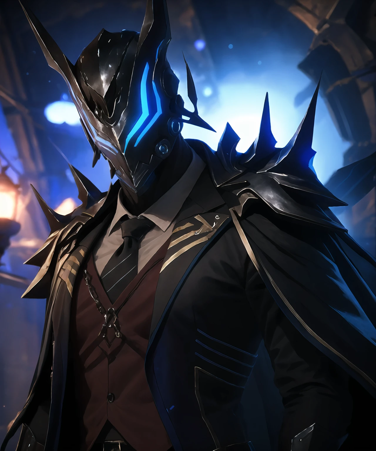 masterpiece,best quality,highres,cinematic lighting,dramatic angle,1boy,<lora:ShadowverseKyrzaelV5:0.8> ,helmet,circlet,black armor,white shirt,necktie,black suit,cape,looking at viewer,grasp,hand up,portrait,chain,depth of field,holding weapon,horns,spikes,holding gun,glowing particles