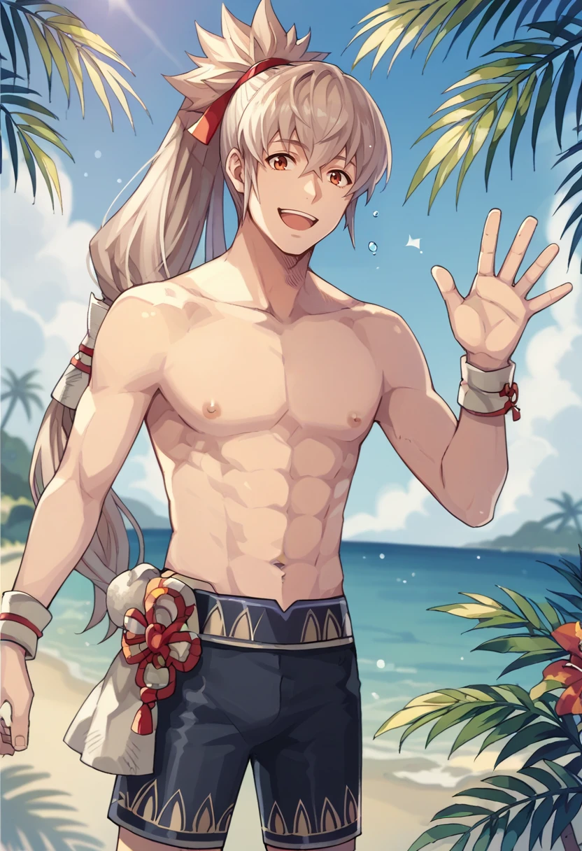 score_9, score_8_up, score_7_up, source_anime, 1boy, solo, looking at you, smile, open mouth, waving, <lora:TakumiFE-pdxl:1> sumTakumi, ponytail, long hair, topless male, swim trunks, beach, sky, palm tree