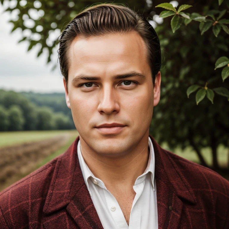 full body photo of a man, (depth of field:1.1), slicked back hair, wearing a country boy outfit, at a farm, masterpiece, highness, perfect face, perfect picture, detailed eyes, sharp focus, High detailed view, looking at viewer, detailed, high quality, m4r10n,  <lora:brando301:.4>