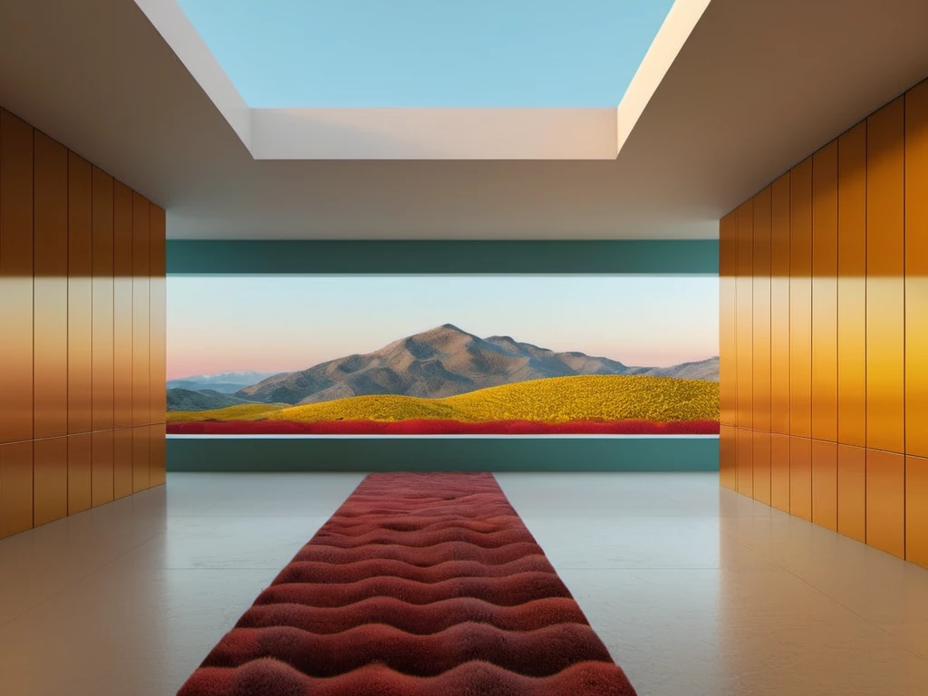 <lora:FictionInterior:0.7>, Interior, sky, mountains, (Blad_Runner color scheme:1.3), tiled walls, high dynamic range, golden hour, scenery, carpet, minimalism, ultra rendering detail, moody,