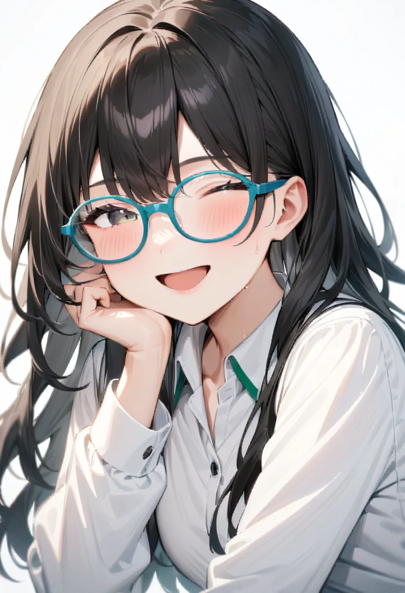 masterpiece, best quality, very aesthetic, absurdres,
1girl, solo, black hair, long hair,
g-boston19s,  glasses, aqua-framed eyewear, 
collared shirt, happy, smile, looking at another, white background, simple background,
<lora:glasses_boston_19s_SDXL_V1:1>