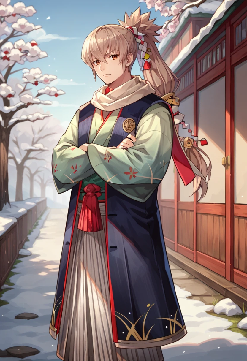 score_9, score_8_up, score_7_up, source_anime, 1boy, solo, looking at you, crossed arms, frown, <lora:TakumiFE-pdxl:1> newTakumi, ponytail, long hair, kimono, hakama, scarf, sandals, outdoors, winter