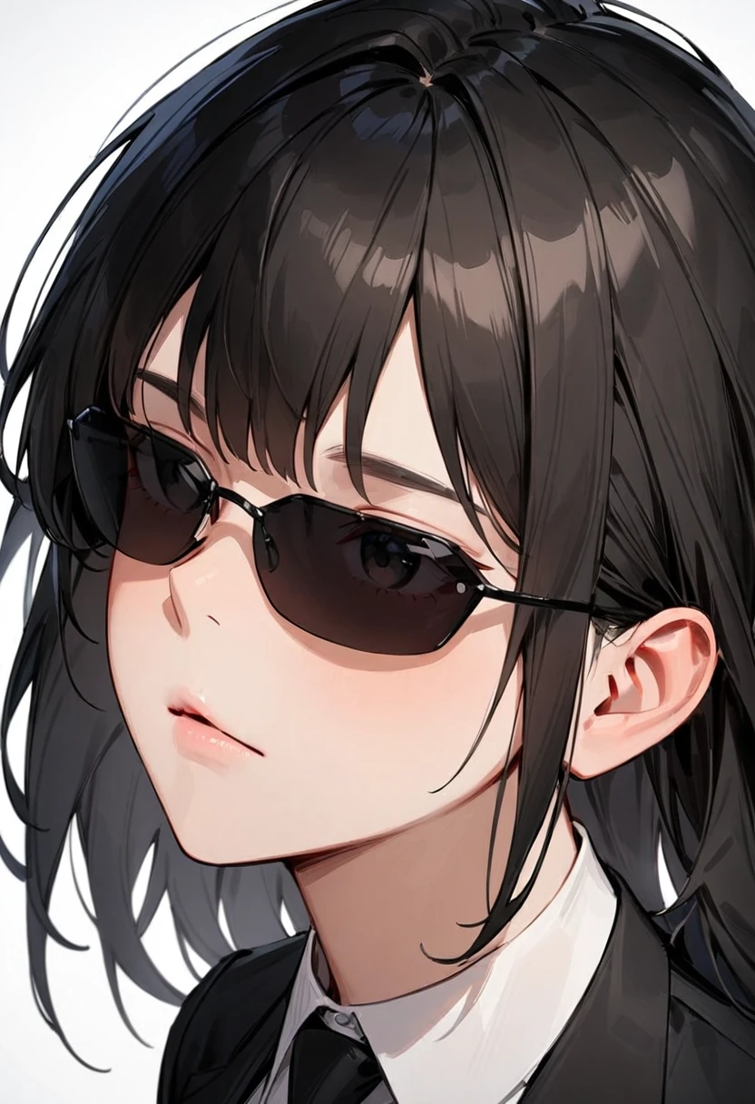 masterpiece, best quality, very aesthetic, absurdres, 
1girl, solo, black hair, long hair,
agtsg, sunglasses, dark black-tinted eyewear, 
 formal, black suit, black necktie, collared shirt, covered eyes, simple background, white background, looking at another, upper body, face focus, standing, 
 <lora:sunglasses_agent_smith_SDXL_V1:1>