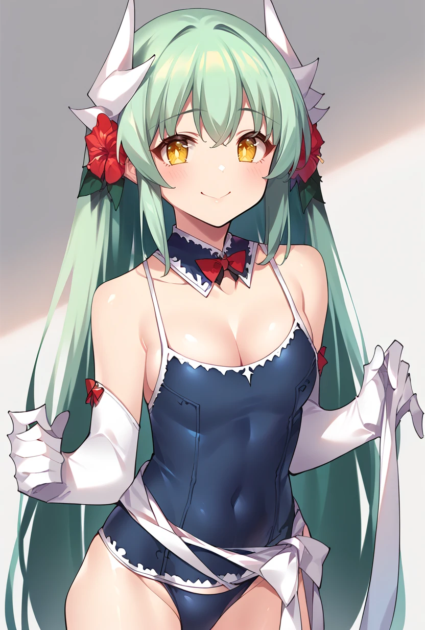 score_9,score_8_up,score_7_up,score_6_up,score_5_up,score_4_up, source_anime, <lora:kiyohime_(lancer)_XL_1:1> bbkiyo, long hair, green hair, white horns, hair flower, yellow eyes, detached collar, cleavage, school swimsuit, blue one-piece swimsuit, elbow gloves, white gloves, sash, blush, smile, <lora:Popqn-Style-PonyXL-v1.1-000019:1>