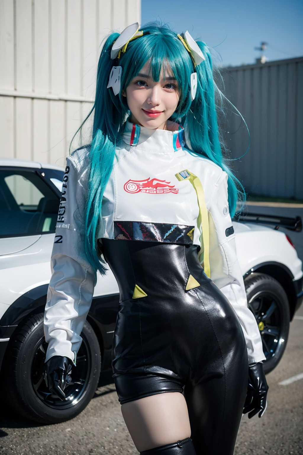 best quality, masterpiece, realistic, photorealistic, 1girl, solo, looking at viewer, smile, standing, cowboy shot, arms at side, hatsune miku cosplay costume, hatsune miku, racing miku, cosplay, twintails, aqua hair, very long hair, bodysuit, black bodysuit, asymmetrical bodysuit, crop top, white crop top, cropped jacket, white cropped jacket, long sleeves, logo on crop top, logo, print bodysuit, hair ornament, gloves, two-tone gloves, clothes writing, single legwear, single thigh boot, racing track, race vehicle, racecar, <lora:miku_cosplay_Racing2022_v1:0.75>