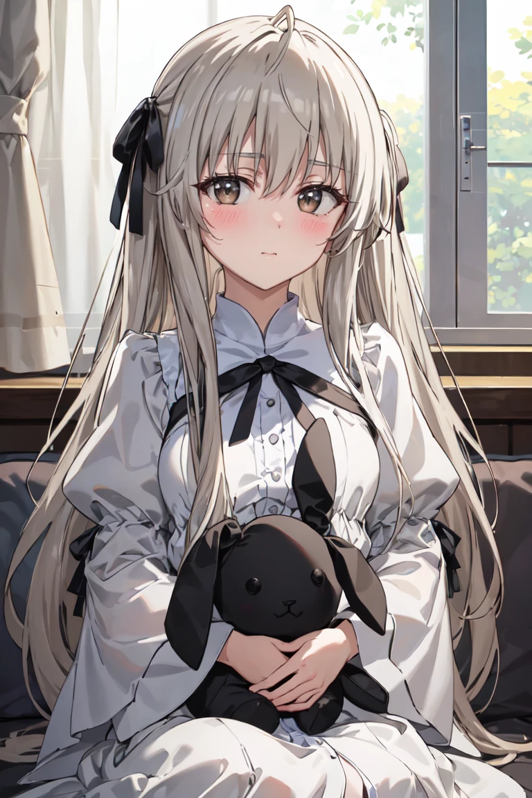 masterpiece, best quality, ultra-detailed, glistening shiny, glowing light, ray tracing, HDR, deph of field, (perfect face, detailed face),  <lora:KasuganoSora:0.7>, kasuganosora, long hair, small breasts, black hair ribbon, blush, white dress, puffy sleeves, long sleeves, holding stuffed bunny, sitting